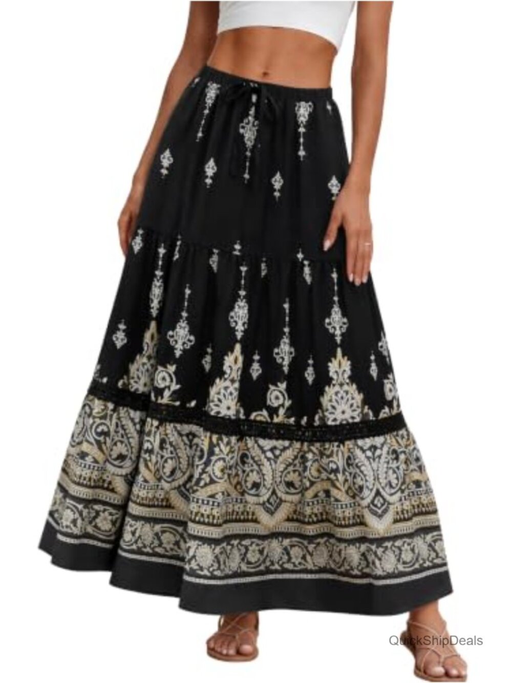 Boho Lace Trim Tiered Maxi Skirt High Waisted A-Line with Pockets